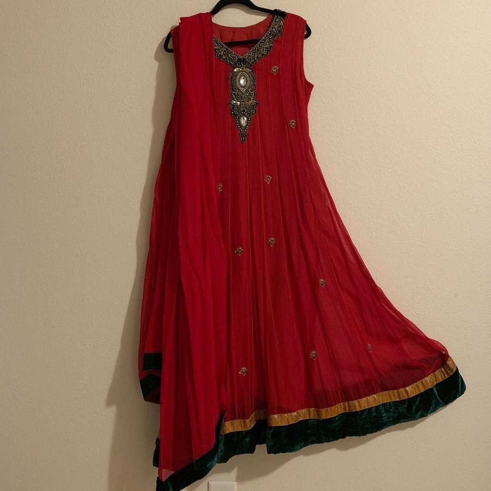 Red Peshwas Kurta Suit and Dupatta
